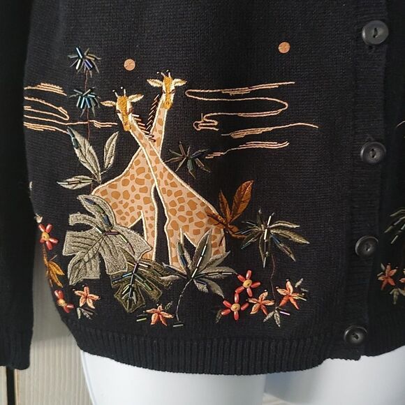Alfred Dunner Petite 2 in 1 giraffe jungle black tan cardigan sweater combo Sz M - Picture 4 of 9
